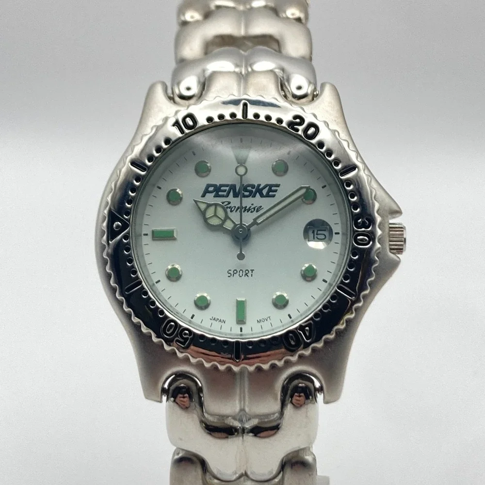 Penske Men's Diver Watch 36mm Silver Tone Matte Rotating Bezel New Battery 8.25